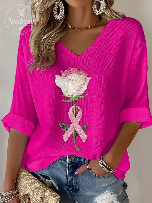Women's pink embroidered floral print waffle T-shirt