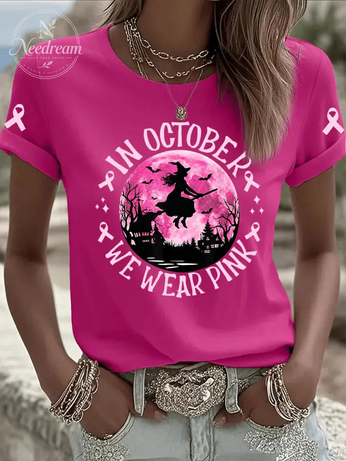 Women's In October We Wear Pink Print Crew Neck T-Shirt