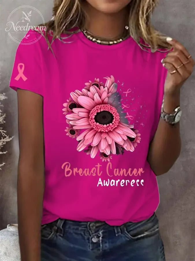 Women's Breast Cancer Printed Crew Neck Short Sleeve T-Shirt
