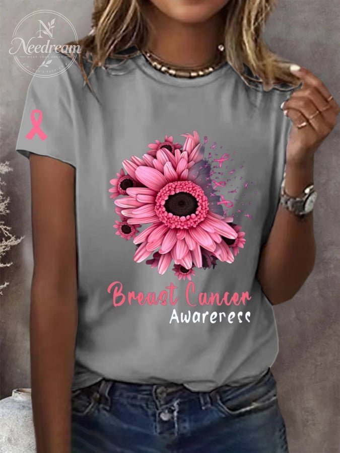 Women's Breast Cancer Printed Crew Neck Short Sleeve T-Shirt