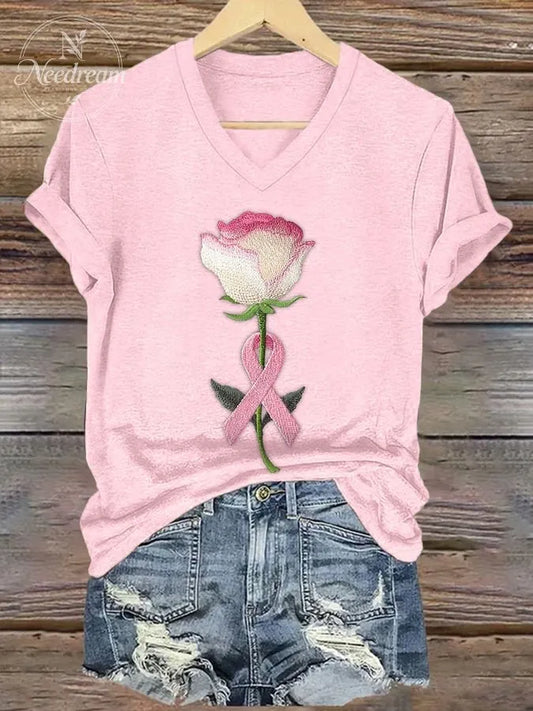 Women's embroidered pink floral print T-shirt