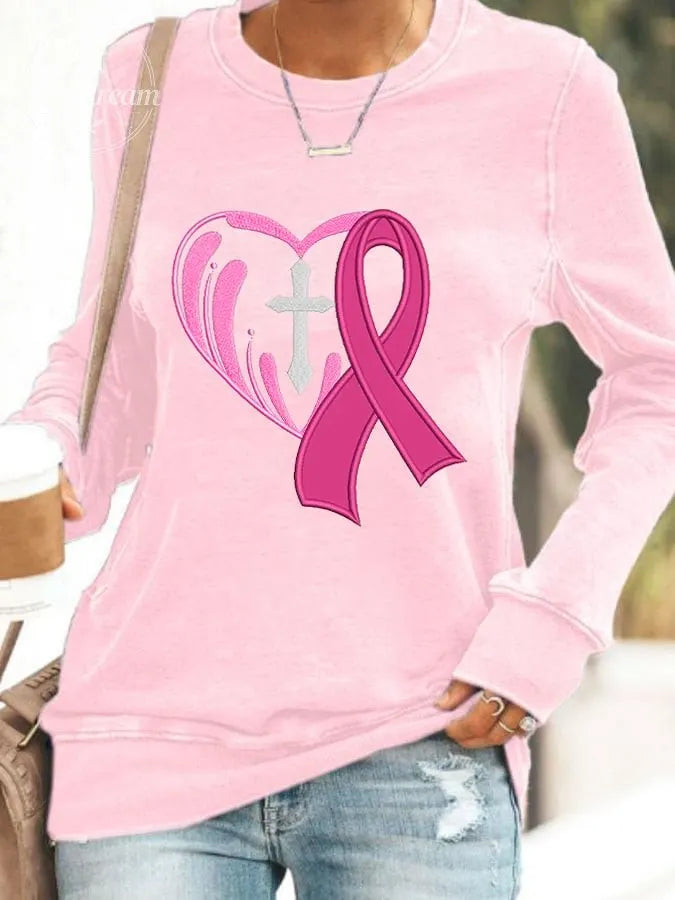 Women's Cross Heart  With Pink Ribbon Embroidered Printed Sweatshirt