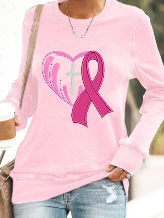 Women's Cross Heart  With Pink Ribbon Embroidered Printed Sweatshirt
