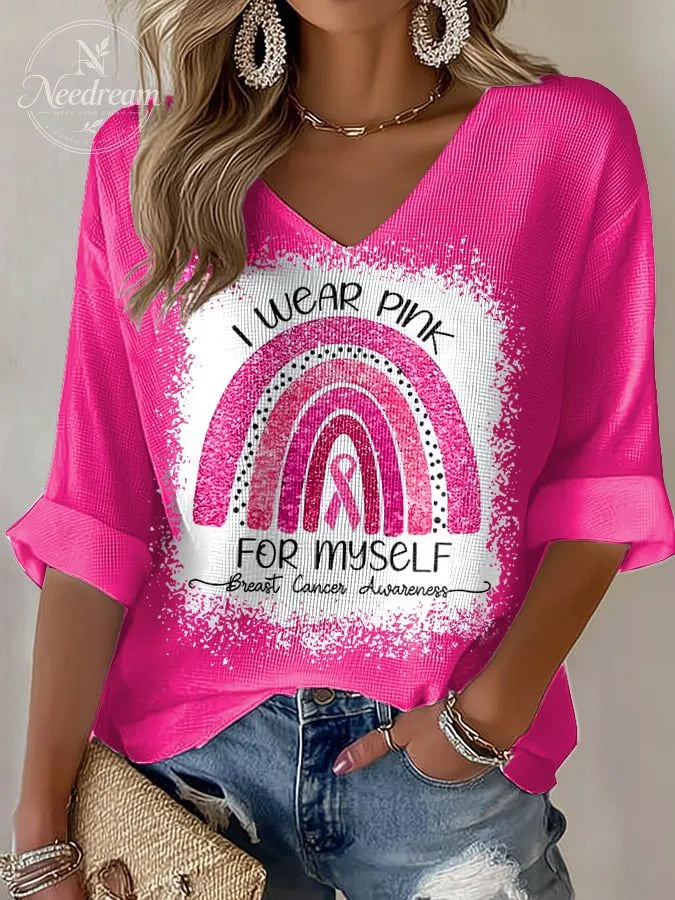 Women's casual I wear pink for myself waffle long-sleeved T-shirt