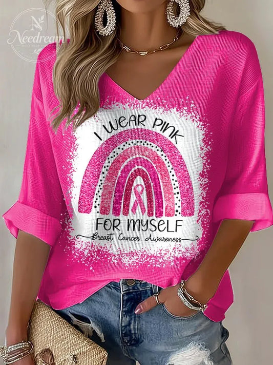 Women's casual I wear pink for myself waffle long-sleeved T-shirt