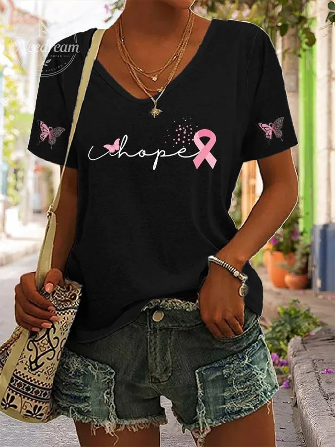 Women's Casual Fashion Breast Cancer Print T-Shirt