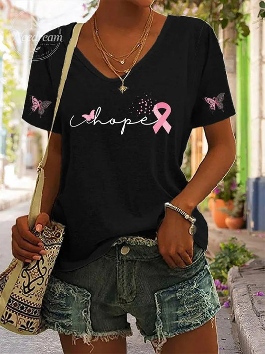 Women's Casual Fashion Breast Cancer Print T-Shirt