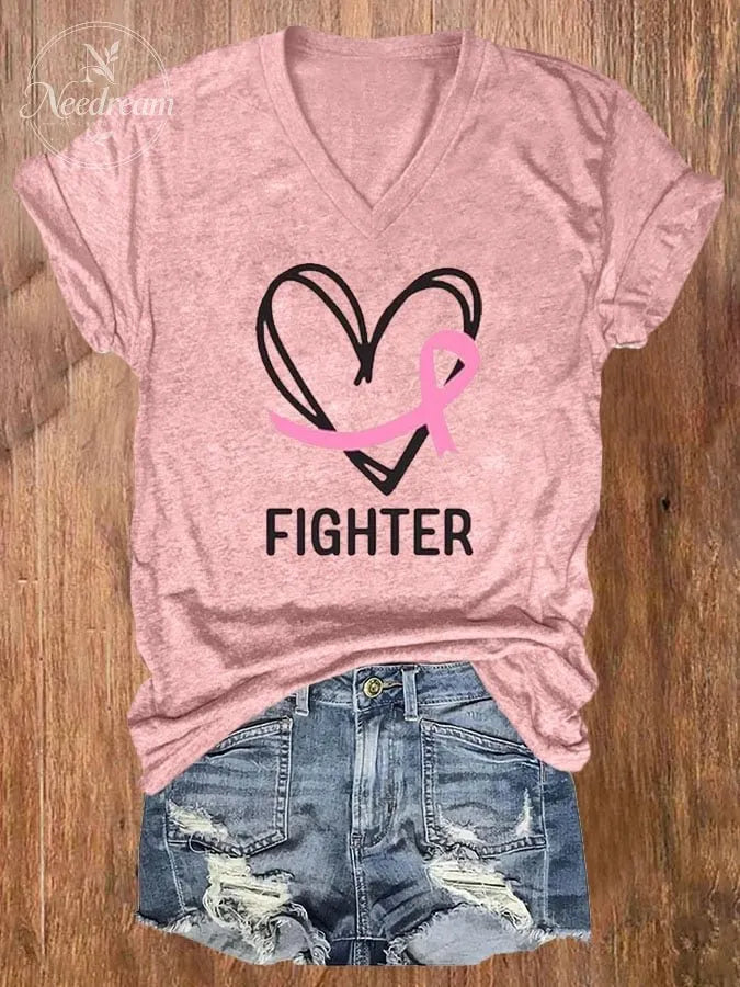 Women's Breast Cancer Awareness Printed V-Neck T-Shirt