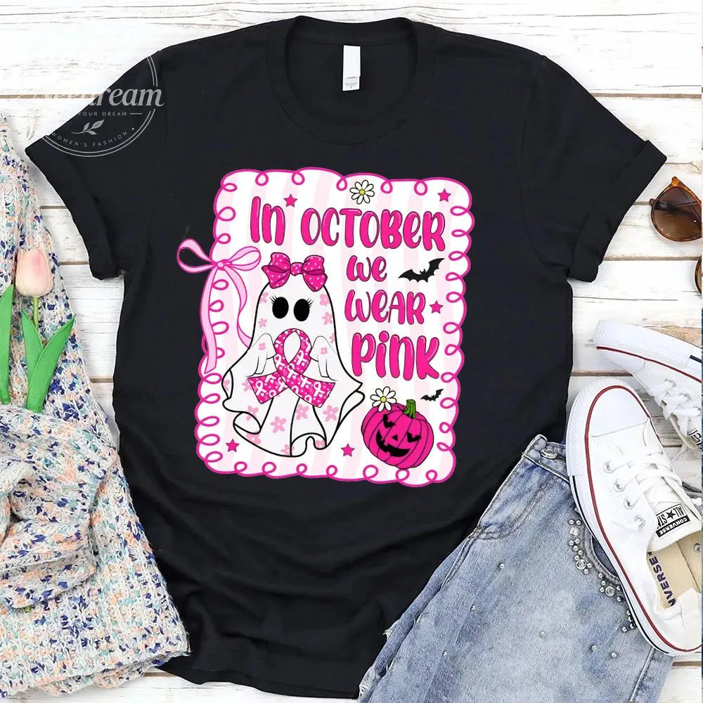 Women's In Octobrt We Wear Pink Pattern Round-Neck T-Shirt