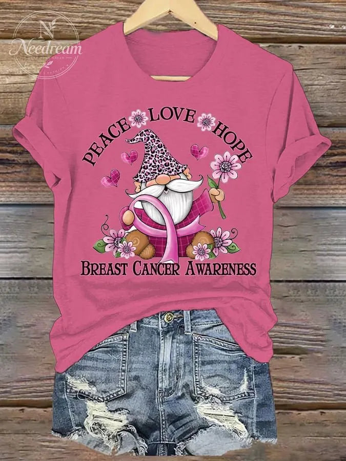 Women'S Peace Love Hope Breast Cancer Awareness Printed T-Shirt