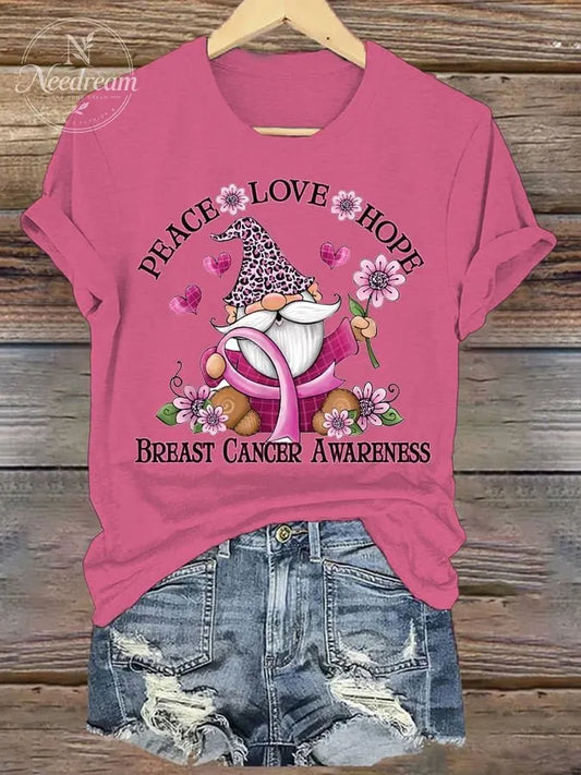 Women'S Peace Love Hope Breast Cancer Awareness Printed T-Shirt
