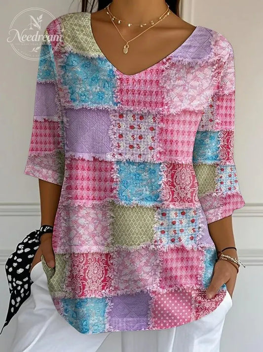 Women's Casual Pink Patchwork Print Bubble Wrinkle Top