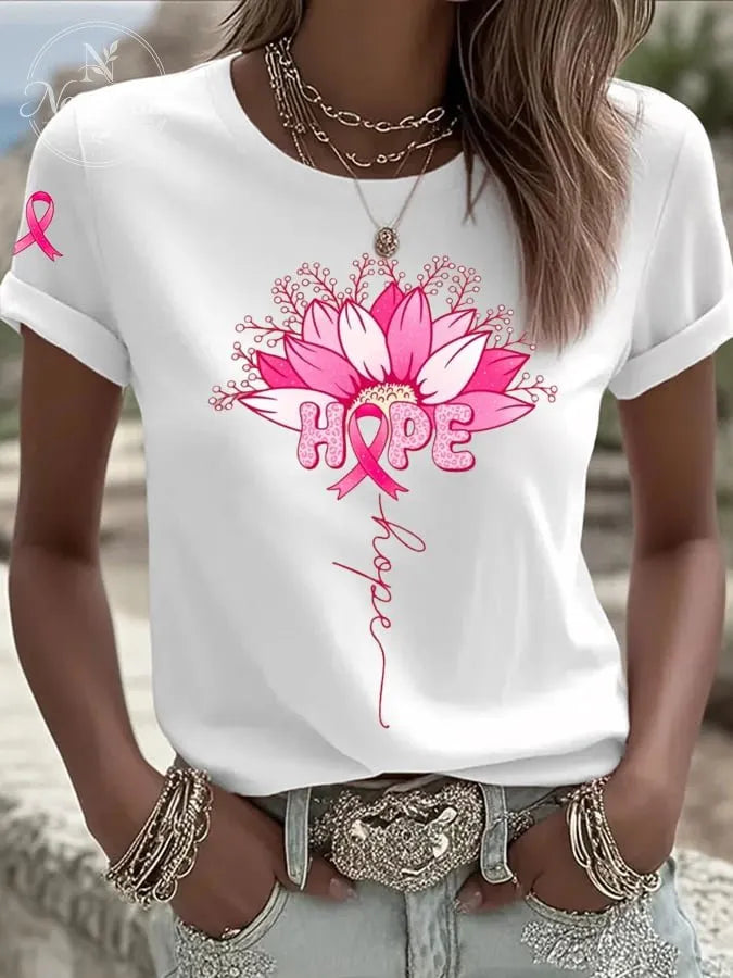 Women's Hummingbird Sunflower Breast Cancer Awareness Print Casual T-shirt