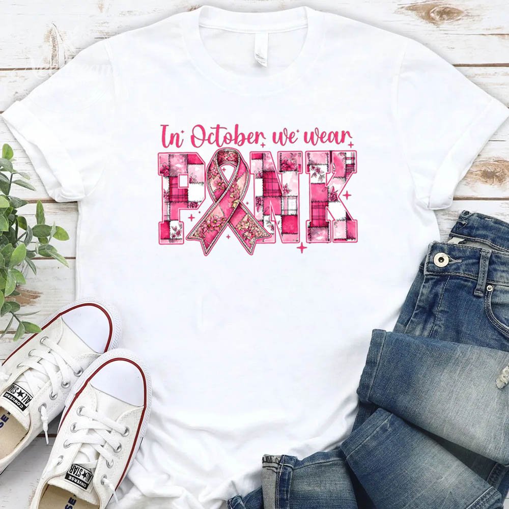 Women's Vintage In October We Wear Pink  Pattern Round-Neck T-Shirt