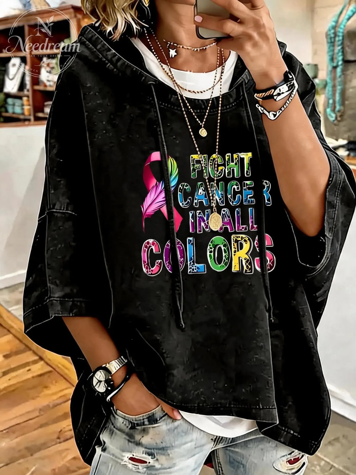 Women'S Fight Cancer In All Colors  Distressed Washed Oversized Hoodie
