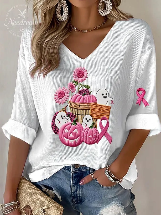 Women's casual pink ghost waffle long-sleeved T-shirt
