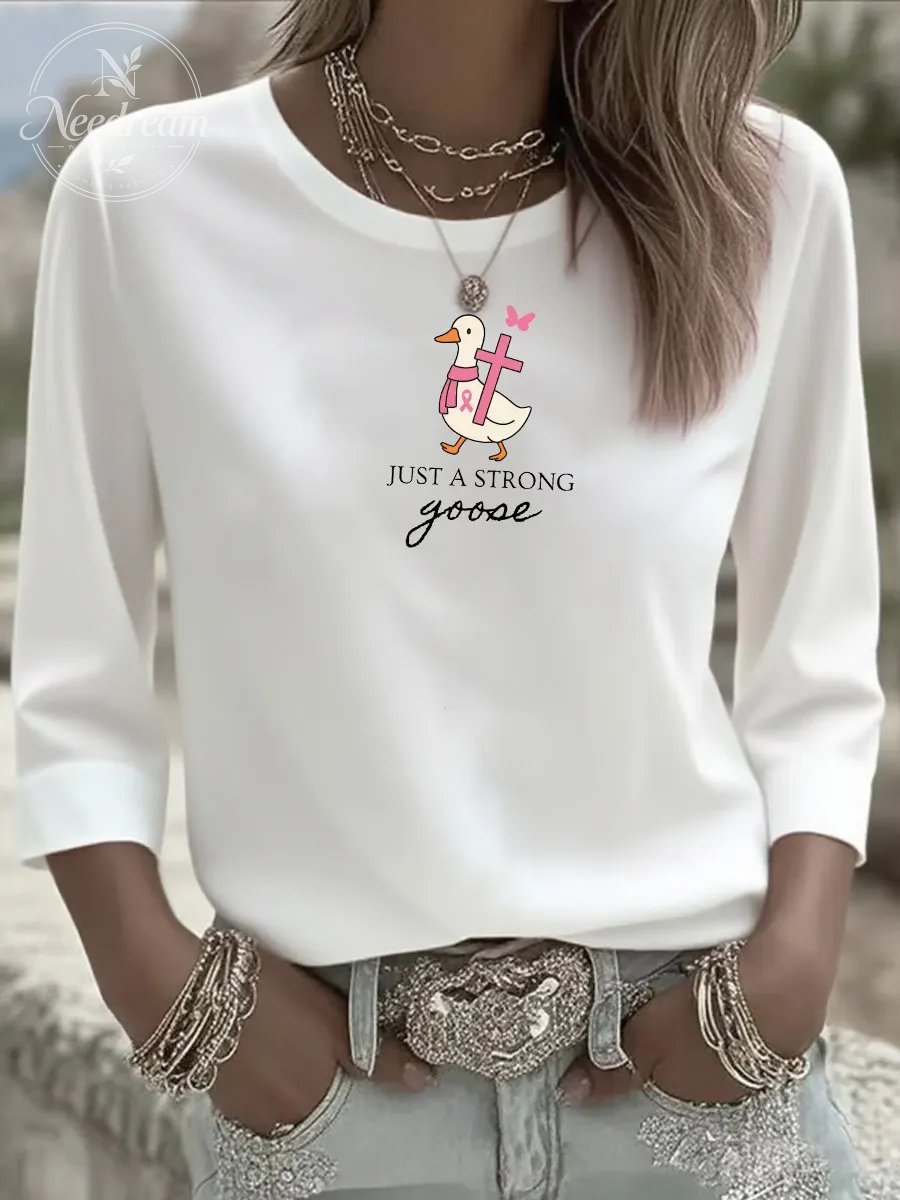 Women's Breast Cancer Just Strong Goose Three-Quarter Sleeve Round Neck T-Shirt