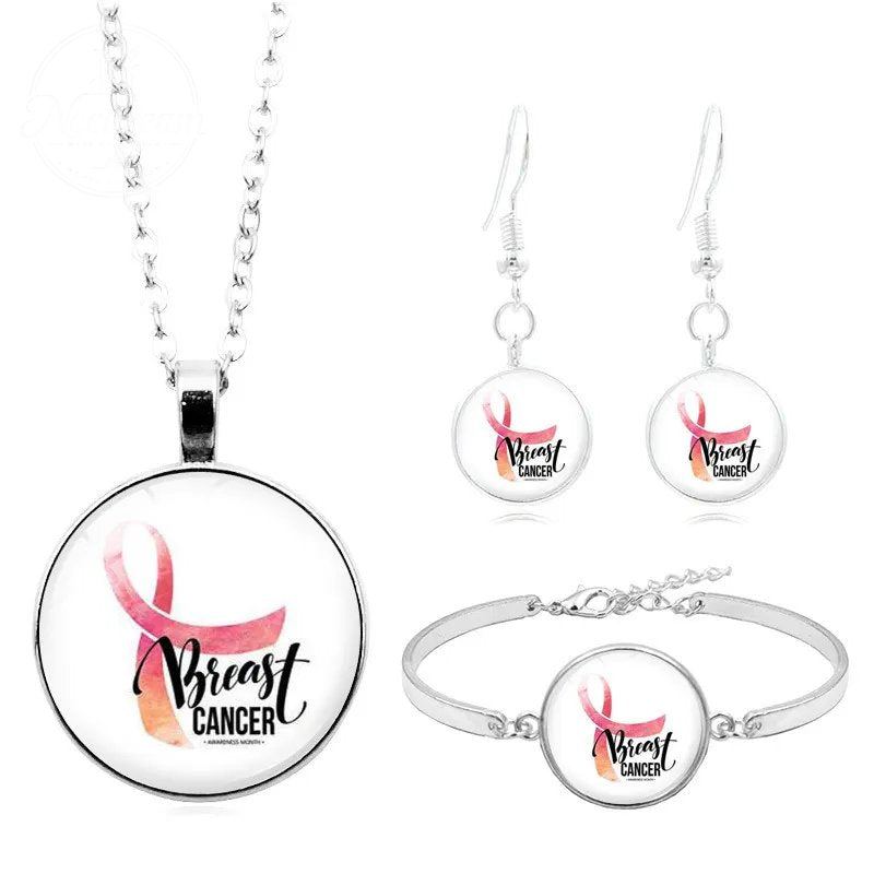 Breast Cancer Pink Ribbon Logo Necklace Set