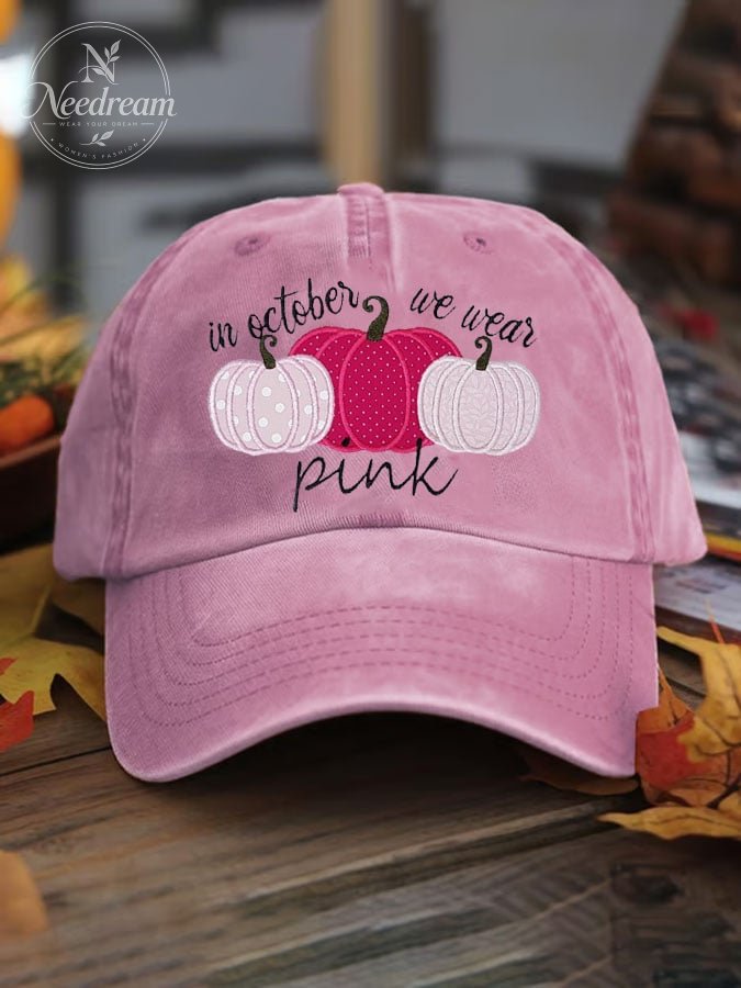 Women's Pink Pumpkin Print Washed Cotton Hat