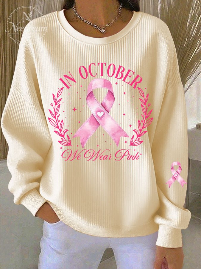 Women's Breast Cancer IN OCTOBER We Wear Pink Print Knit Crew Neck Long Sleeve Top