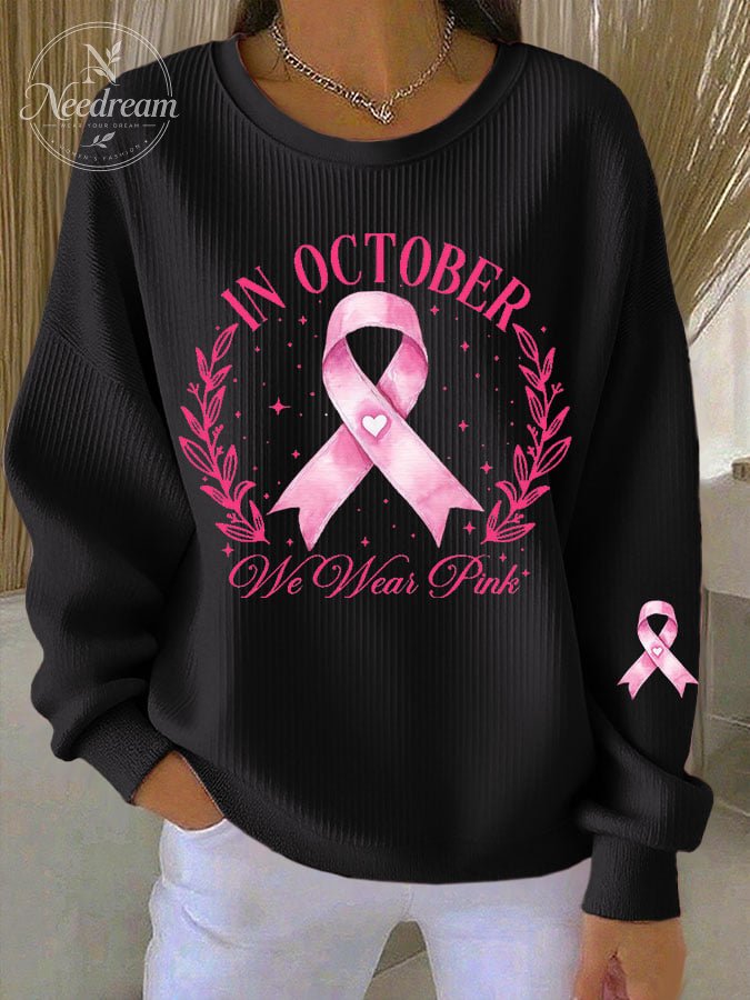 Women's Breast Cancer IN OCTOBER We Wear Pink Print Knit Crew Neck Long Sleeve Top