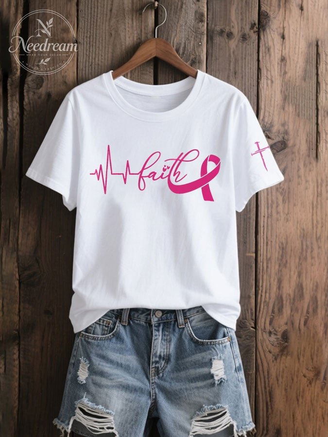Women's Breast Cancer Awareness Faith Print Casual T-Shirt