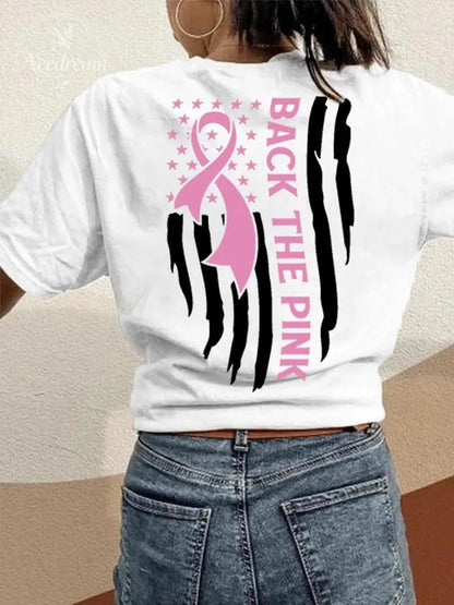 Women's Back The Pink American Falg Breast Cancer Awareness Warrior Tee