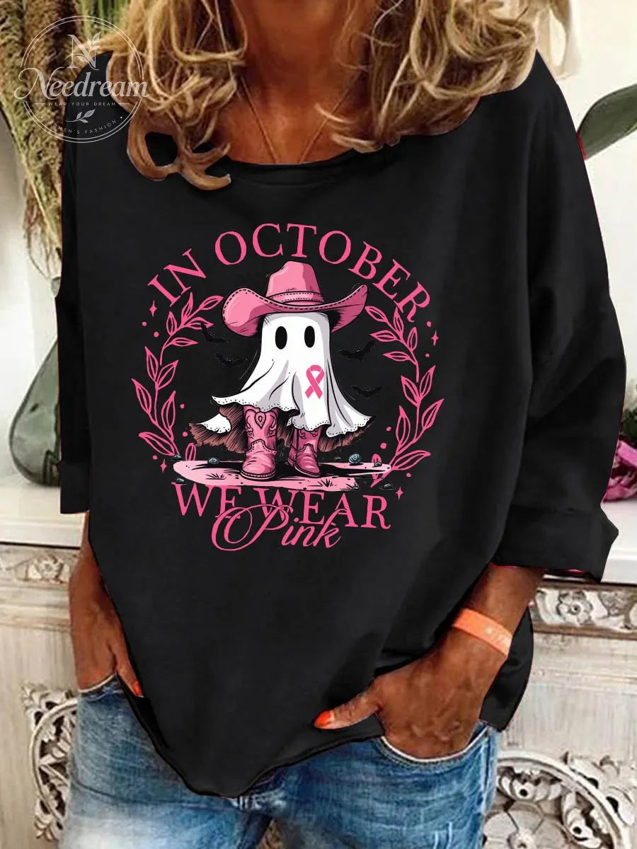 Women's October We Wear Pink Breast Cancer Awareness  Western Cowboy Ghost Print Casual Sweatshirt