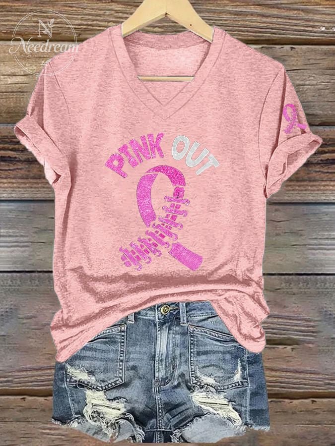 Women's Breast Ribbon Pink Out Printed Short-Sleeved T-Shirt