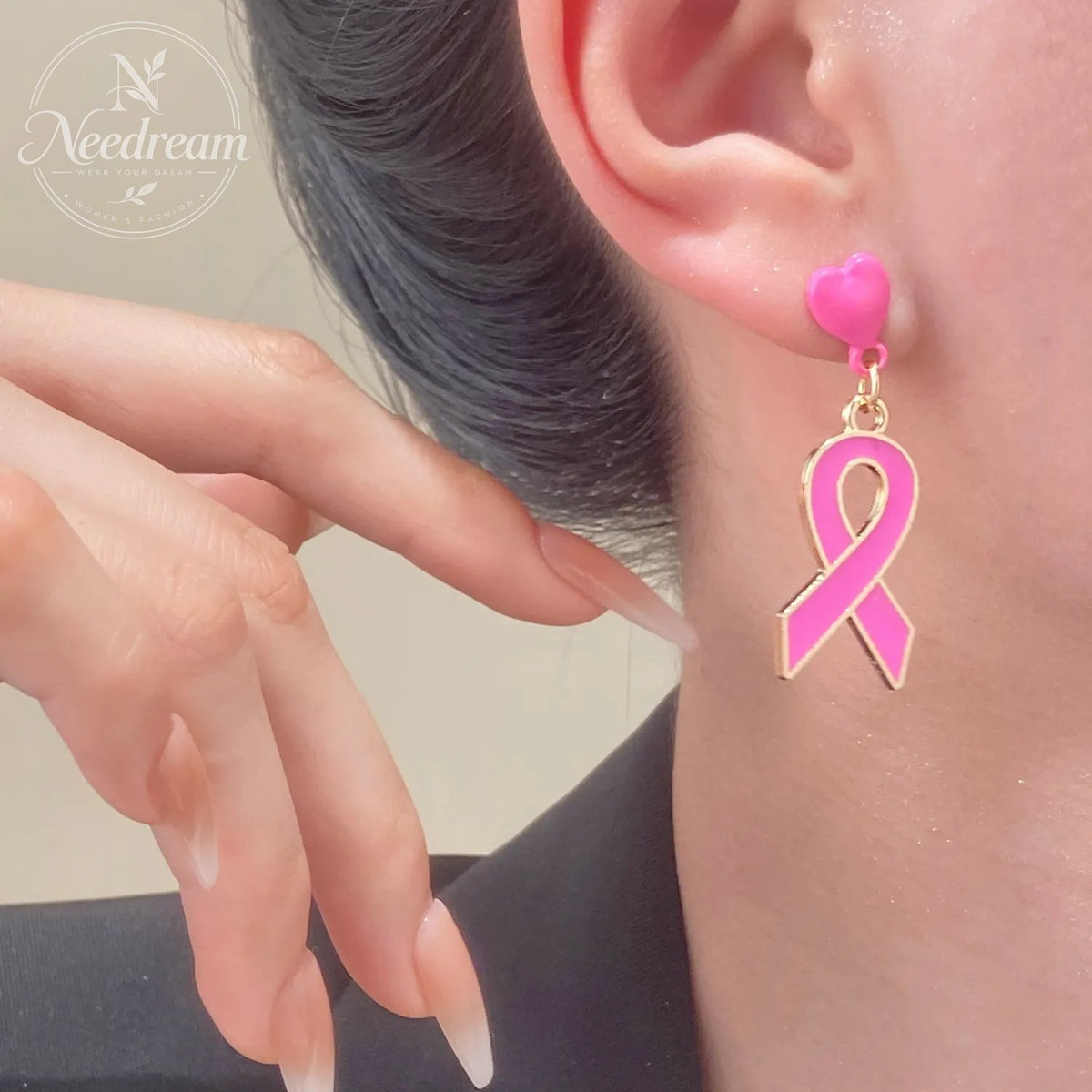 Pink Ribbon Heart Earrings For Breast Cancer Awareness