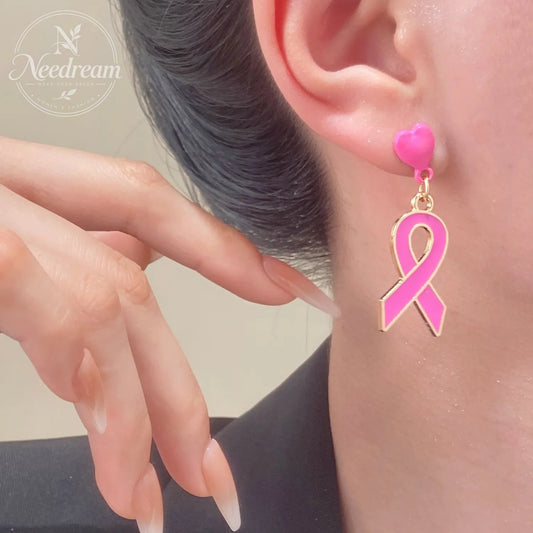 Pink Ribbon Heart Earrings For Breast Cancer Awareness