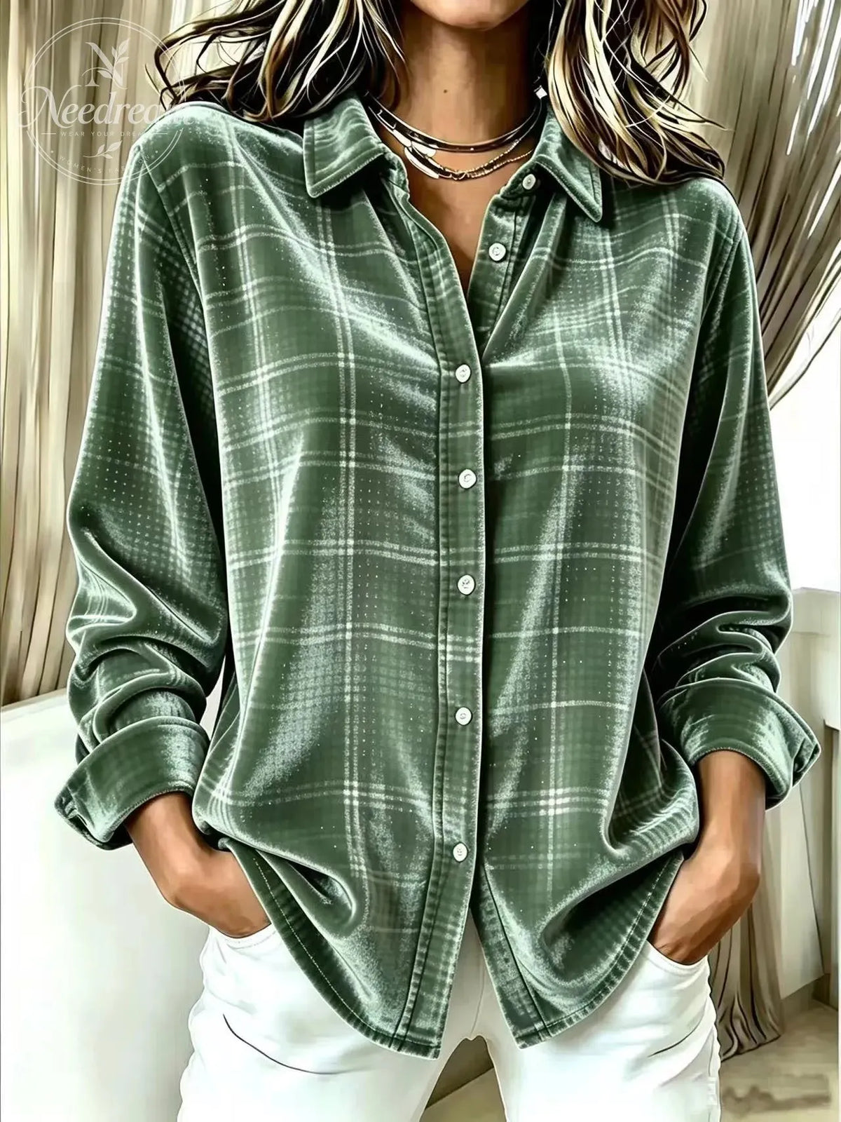 Women'S Gold Velvet Long-Sleeve Shirt With Lapel And Single-Breasted Button Closure