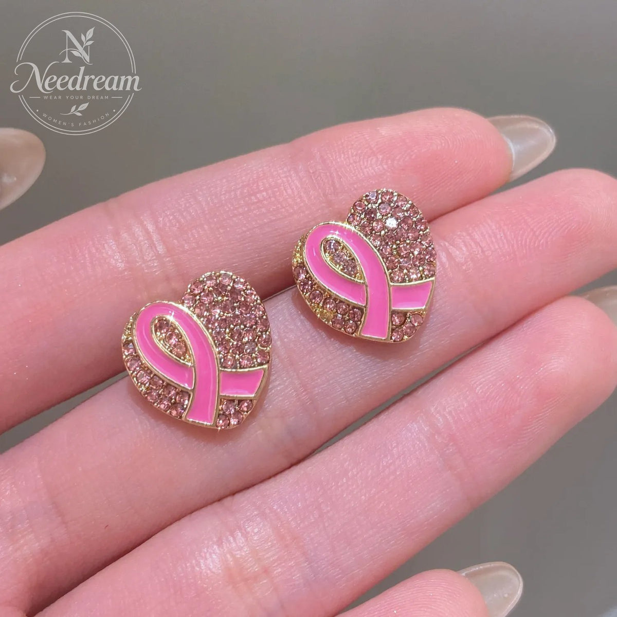 Pink Ribbon With Diamond Studded Heart-Shaped Bow Tie Earrings