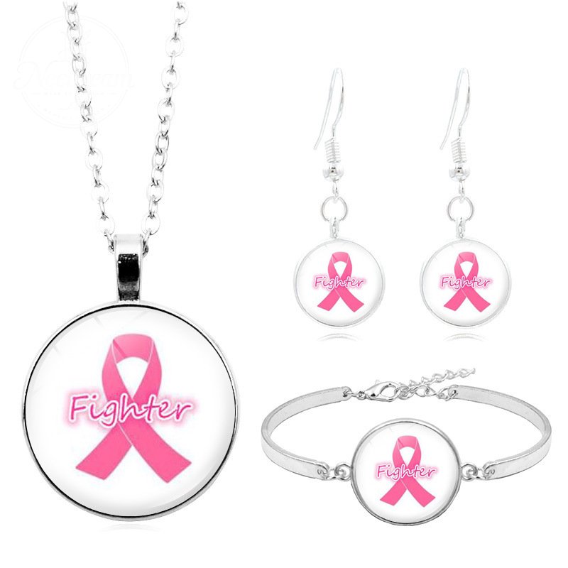 Breast Cancer Pink Ribbon Logo Necklace Set