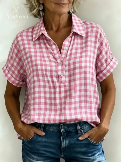 Women's Classic Plaid Cotton-Linen V-Neck Button-Front Shirt