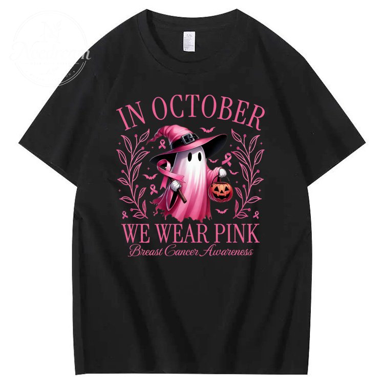 In October We Wear Pink Ghost Pattern100% Cotton T-Shirt