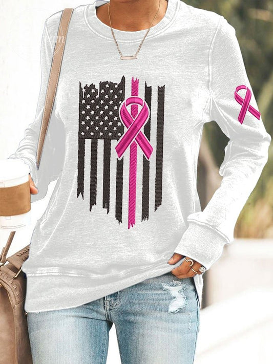 Women's USA Flag Pink Ribbon Breast Cancer Awareness Embroidered Printed Sweatshirt