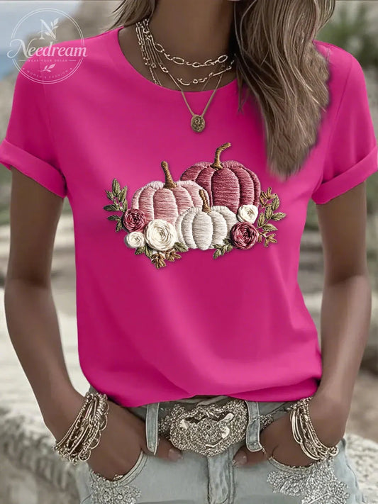 Women's casual pink pumpkin T-shirt