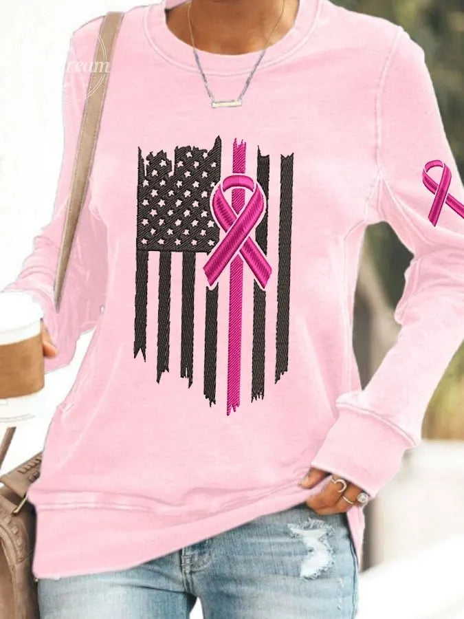 Women's USA Flag Pink Ribbon Breast Cancer Awareness Embroidered Printed Sweatshirt