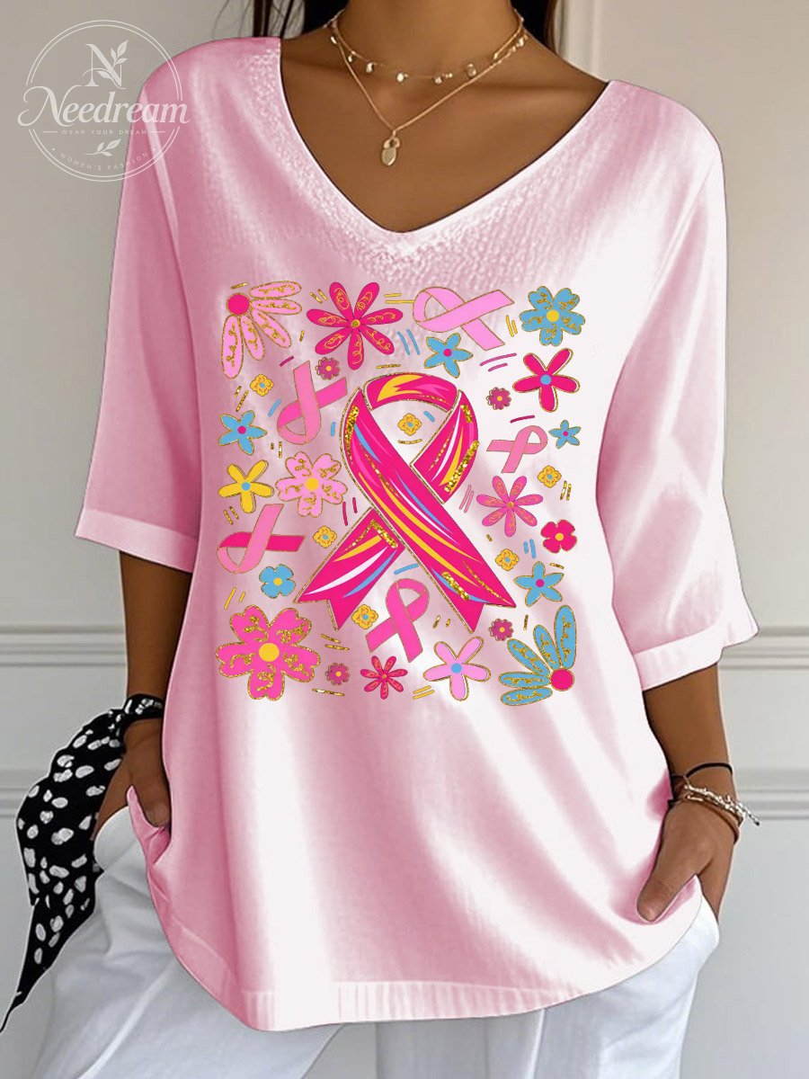 Women's Breast Cancer Pink Ribbon Print Wrinkle Top