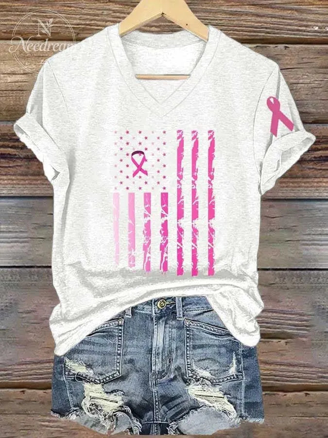 Women's Breast Cancer Awareness Flag Print Casual T-Shirt