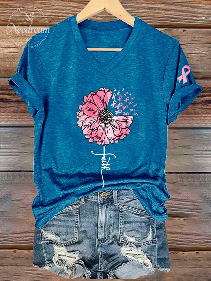 Women's Faith Breast Cancer Awareness Sunflower Print Casual T-Shirt
