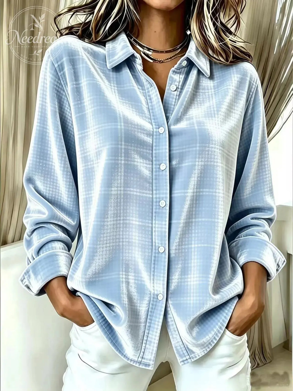 Women'S Gold Velvet Long-Sleeve Shirt With Lapel And Single-Breasted Button Closure