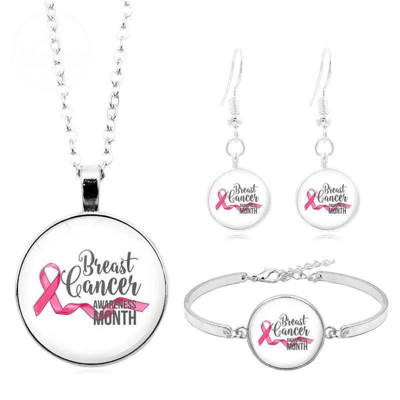Breast Cancer Pink Ribbon Logo Necklace Set