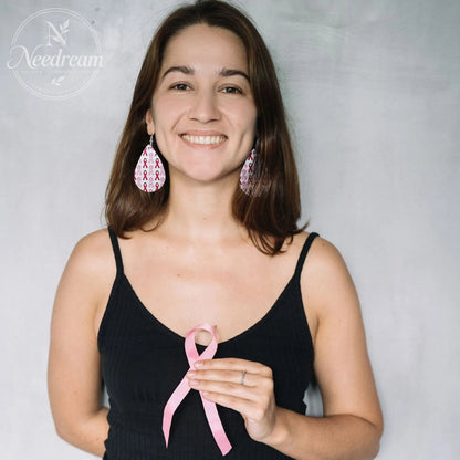 Pink Ribbon Artificial Leather Water Droplet Earrings