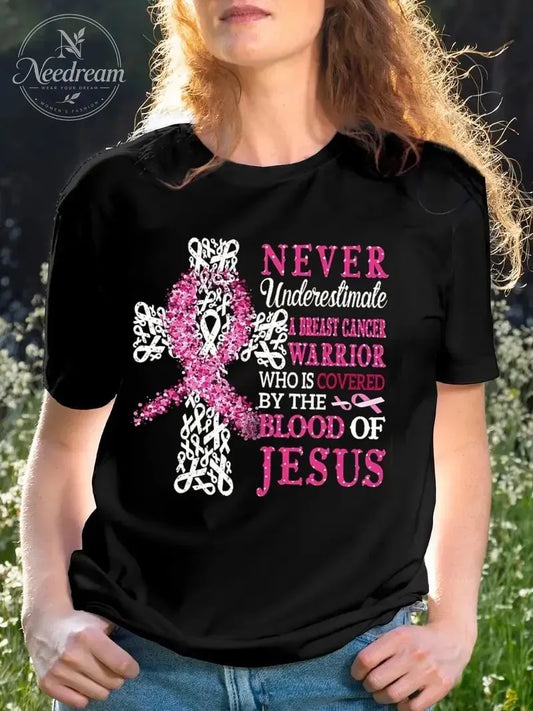 Women's Breast Cancer Slogan Print T-Shirt Tops
