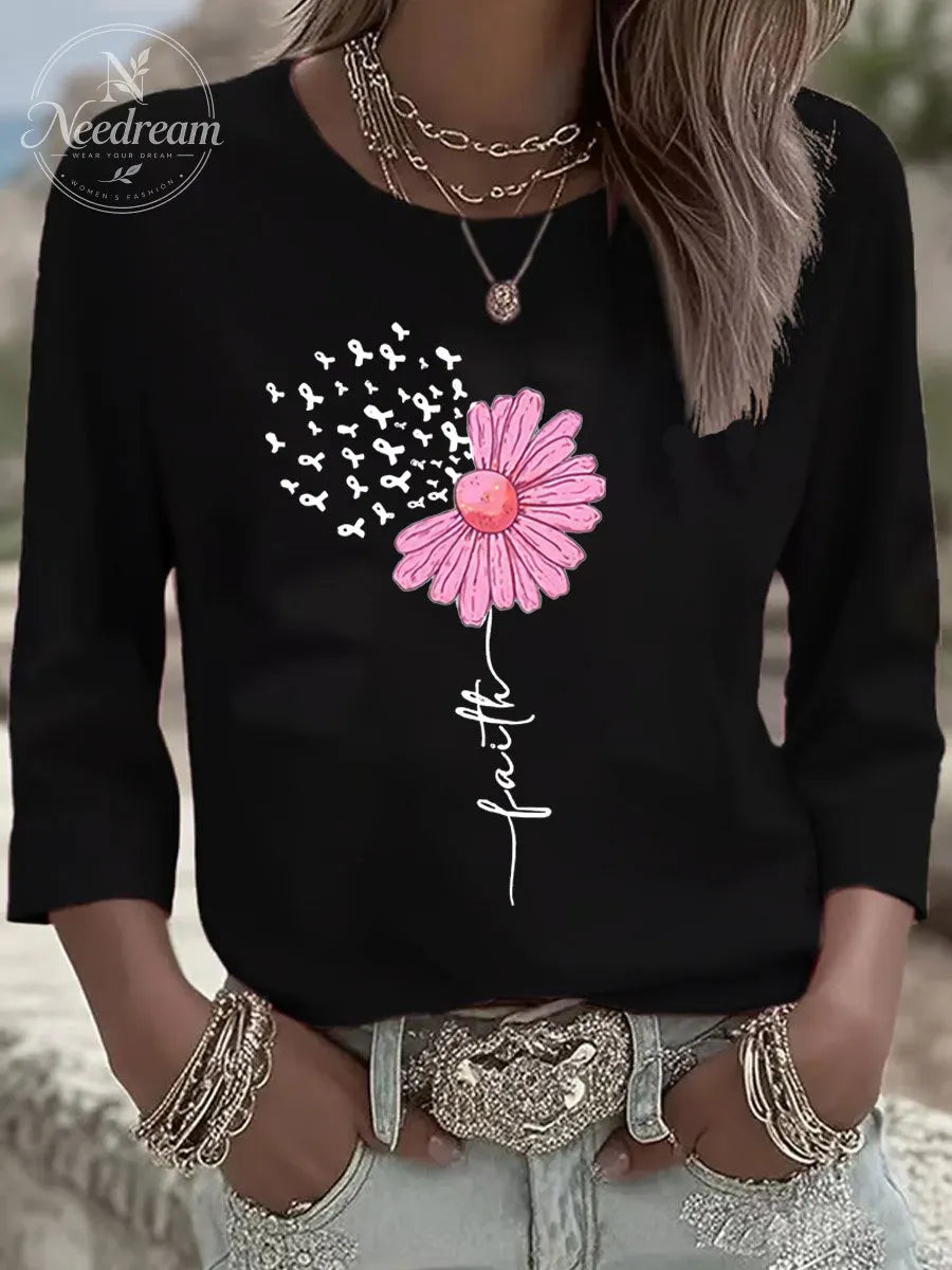 Women's Breast Cancer Faith Printed  Three-Quarter Sleeve Round Neck T-Shirt