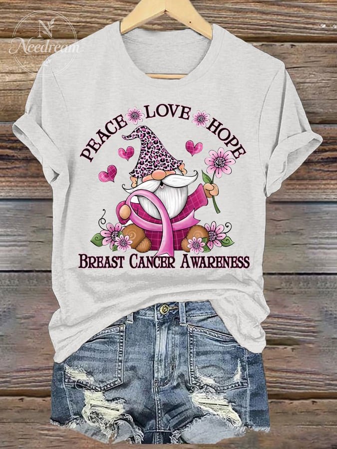 Women'S Peace Love Hope Breast Cancer Awareness Printed T-Shirt