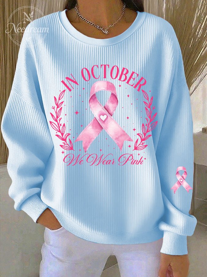 Women's Breast Cancer IN OCTOBER We Wear Pink Print Knit Crew Neck Long Sleeve Top