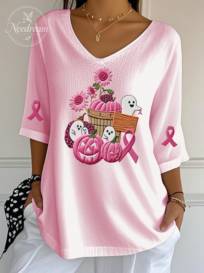 Women's Pink Pumpkin Ghost Print Ribbed Top